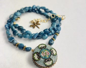 Antique Upcycle Aqua Blue Floral Italian Micro Mosaic Apatite Beads Necklace