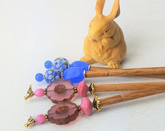 Pair of Hairsticks Flower Glass - Choice of Pink with Bird or Periwinkle Blue