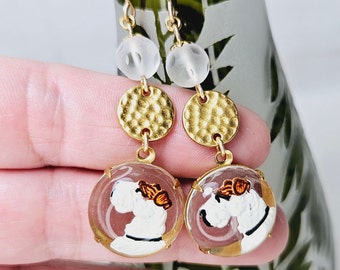 Vintage Intaglio Glass Dog Terrier, Hammered Links Earrings Gold Filled ear wires