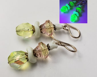 Vintage Modern Molded Yellow Pink Bicolor Uraniium Glass Beads Gold Filled Wires Earrings