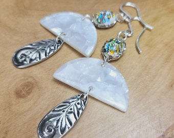 Vintage Confetti Glass, White Pearl Acrylic Links, Botanical Drops & Sterling Silver Earrings