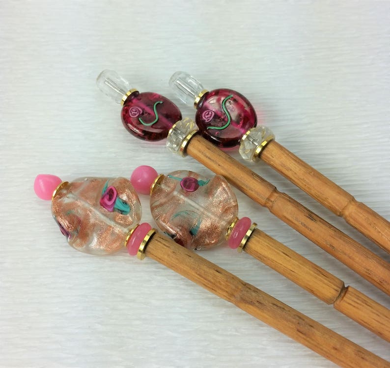 Pair of Hairsticks Handmade Pink Flower Glass Choice of Flower Beads image 5