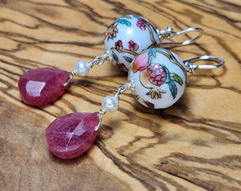 Vintage Rare Hand Painted Chinese Porcelain Pomegranates Blooms Briolettes Pearls and Sterling Silver  Earrings