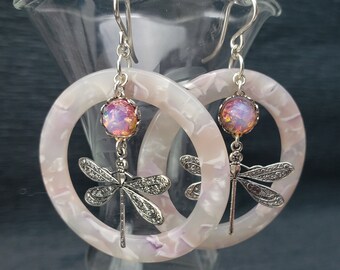 Dragonflies, Pink Pearlescent Acrylic Hoops, Vintage Opal Glass Sterling Earrings