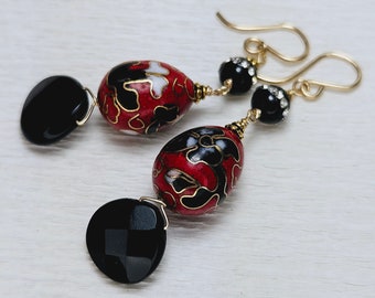 Vintage Red Black Cloisonne, Faceted & Inlaid Onyx, Crystal Gold Filled Earrings