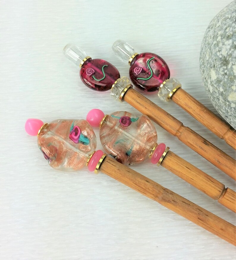 Pair of Hairsticks Handmade Pink Flower Glass Choice of Flower Beads image 1