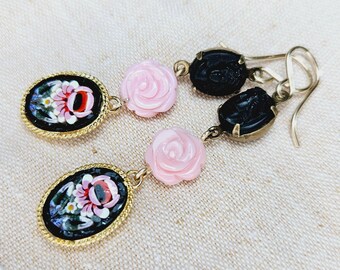 Antique Aqua Floral Micro Mosaic, Pink Shell Carved Roses, Pearls & Gold Filled Earrings