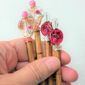 Pair of Hairsticks Handmade Pink Flower Glass Choice of Flower Beads image 3