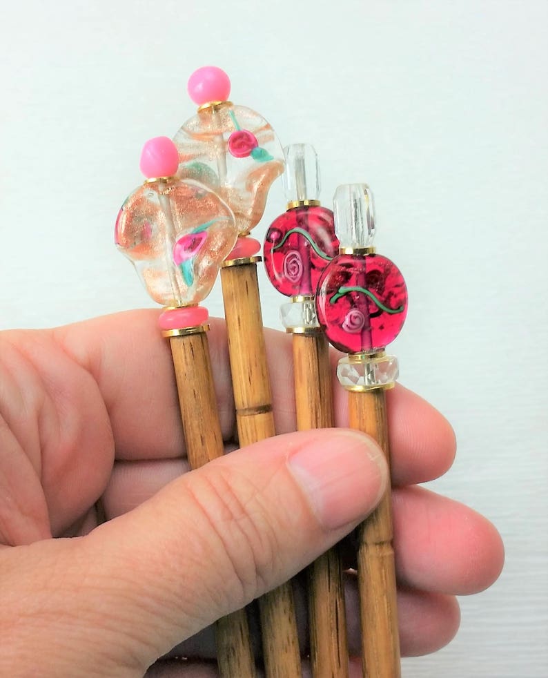 Pair of Hairsticks Handmade Pink Flower Glass Choice of Flower Beads image 3