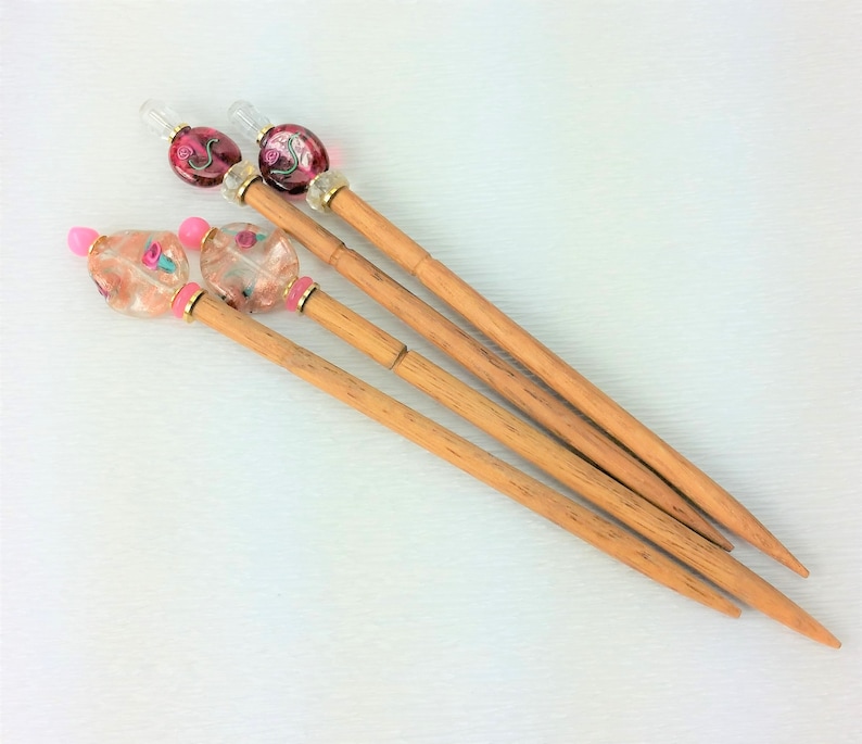 Pair of Hairsticks Handmade Pink Flower Glass Choice of Flower Beads image 4