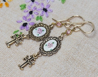Vintage Guilloche Enamel Roses, Crosses and Crystals and Gold Filled Earrings