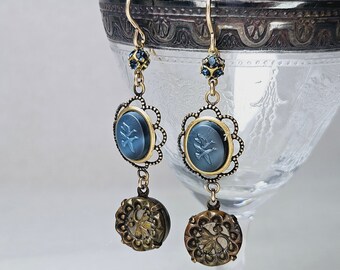 Antique Art Deco Floral Button and Vintage Lavender Opal Glass Gold Filled Earrings