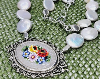 Vintage Upcycle Italian Micro Mosaic White w/ Mixed Flowers and White Coin Pearls Necklace