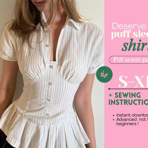 Puff Sleeve Peplum Shirt Sewing Pattern (PDF), Coquette Y2K Fitted Blouse XS-XL