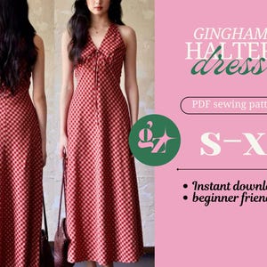 May include: A red and white gingham halter dress. The dress has a V-neck and a flowing skirt. The image also includes text that says "GINGHAM HALTER dress", "PDF sewing pattern", and "s-xl".