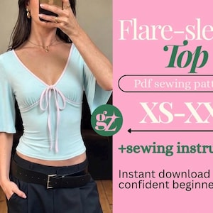 May include: A light blue top with flare sleeves, a V-neckline, and pink trim. The text reads: Flare-sleeves Top, Pdf sewing pattern, XS-XXL, +sewing instructions, Instant download, confident beginner. A circular logo with the letters gz is visible.