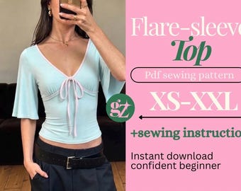 May include: A light blue top with flare sleeves, a V-neckline, and pink trim. The text reads: Flare-sleeves Top, Pdf sewing pattern, XS-XXL, +sewing instructions, Instant download, confident beginner. A circular logo with the letters gz is visible.