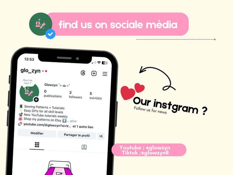 以下が含まれることがあります： スマートフォン画面に表示されたInstagramのプロフィール「glo_zyn」。画像には「find us on sociale m&eacute;dia」と「Our instgram ?」のテキスト、YouTubeとTikTokのハンドルネームが含まれています。