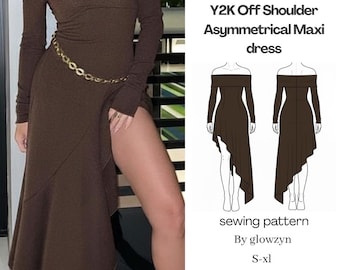 Y2K asymmetrisk maxiklänning med bara axlar, sömnadsmönster (PDF-nedladdning), s-xl