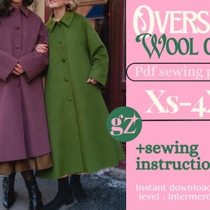 May include: An oversized wool coat PDF sewing pattern with sizes XS-4XL and sewing instructions. The image displays a plum-colored coat and a green coat, each featuring a collar, long sleeves, and a button-front closure.