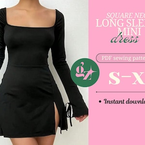 Peut inclure: Une mini-robe noire à col carré et manches longues. La robe présente une fente latérale et des détails de liens aux poignets. Le texte à droite indique "SQUARE NECK LONG SLEEVE MINI dress" et "PDF sewing pattern s-xl".