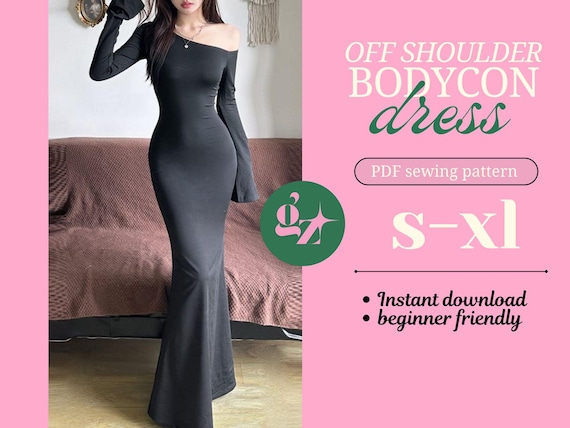 Off Shoulder Bodycon Dress Sewing Pattern: Fitted Gown, Sizes S-XL (PDF Download A4/A0)