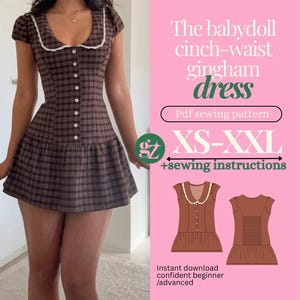 Babydoll Dress Sewing Pattern PDF, Gingham Mini Dress Pattern, Cinched Waist Dress, Cottagecore Dress, XS-XXL Pattern
