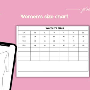 以下が含まれることがあります： ピンク色の背景に、女性用のサイズチャートとドレスのスケッチが表示されたスマートフォン。 バスト、ウエスト、ヒップの測定値をセンチメートルで表示し、XSからXXLまでのサイズがあります。 ブランド名「glowzyn」が右上にあります。