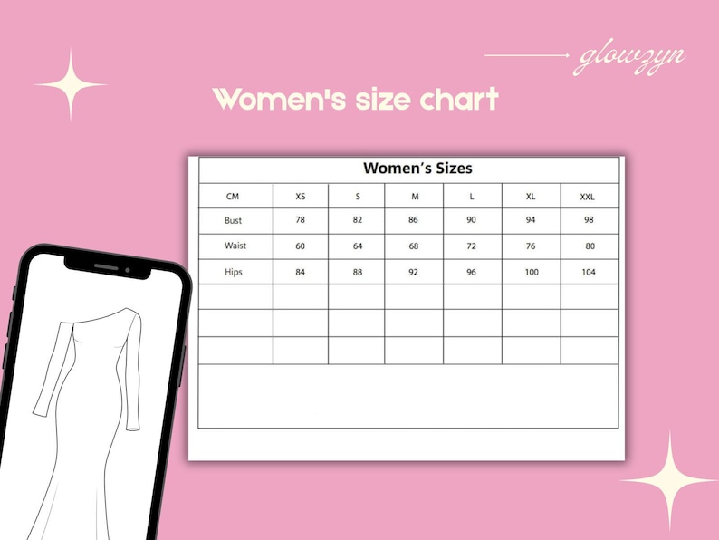 以下が含まれることがあります： ピンク色の背景に、女性用のサイズチャートとドレスのスケッチが表示されたスマートフォン。 バスト、ウエスト、ヒップの測定値をセンチメートルで表示し、XSからXXLまでのサイズがあります。 ブランド名「glowzyn」が右上にあります。
