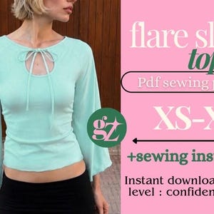 Puede incluir: Una blusa de color verde menta claro con mangas largas acampanadas y un escote tipo cerradura con cierre de lazo. La imagen incluye el texto: flare sleeves top, Pdf sewing pattern, XS-XXL, +sewing instructions, Instant download, level : confident beginner.
