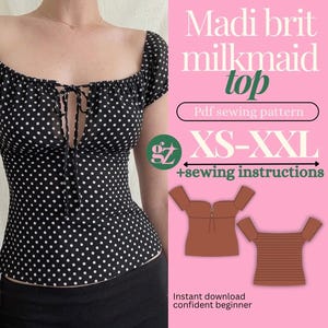 Mönster för mjölkpigatopp, PDF-sömnadsmönster för nybörjare, blusmönster för Cottagecore, XS-XXL, digital nedladdning, direktnedladdning