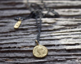 Golden Brass Coin Necklace, Gold Disc Necklace, Tiny Coin Necklace, Silver Chain Necklace, Ancient Roman Coin Necklace