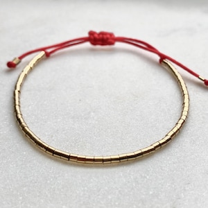 14k Gold Filled Tube Beaded Bracelet, Gold beaded bracelet, Minimalist Gold Bracelet, Red cord adjustable bracelet, Wish Bracelet image 1