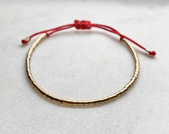 14k Gold Filled Tube Beaded Bracelet, Gold beaded bracelet, Minimalist Gold Bracelet, Red cord adjustable bracelet, Wish Bracelet