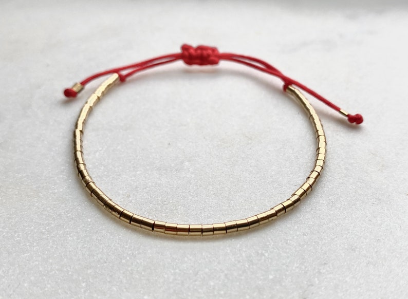 14k Gold Filled Tube Beaded Bracelet, Gold beaded bracelet, Minimalist Gold Bracelet, Red cord adjustable bracelet, Wish Bracelet image 1