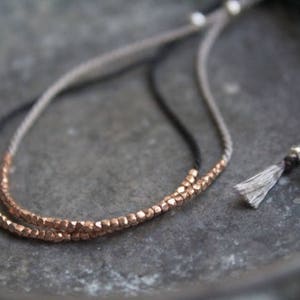 Rose gold beaded bracelet,  rose gold silk bracelet, rose gold hammered beaded bracelet, simple gold bracelet, black silk rose gold bracelet