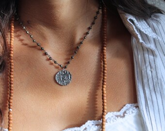 Antique silver coin necklace, Pyrite oxidized silver chain necklace, pyrite stone chain necklace, bhutan coin necklace, oxidized silver coin