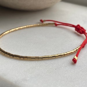 14k Gold Filled Tube Beaded Bracelet, Gold beaded bracelet, Minimalist Gold Bracelet, Red cord adjustable bracelet, Wish Bracelet image 2