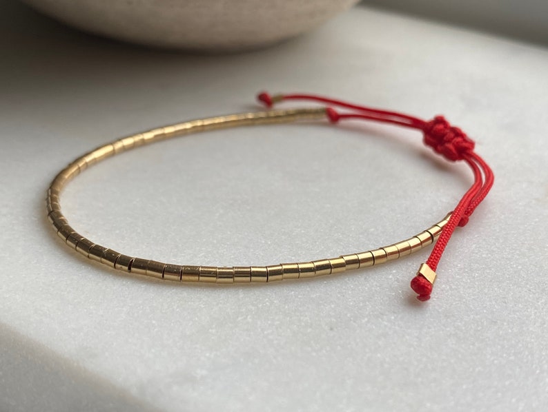 14k Gold Filled Tube Beaded Bracelet, Gold beaded bracelet, Minimalist Gold Bracelet, Red cord adjustable bracelet, Wish Bracelet image 2