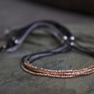Rose gold beaded bracelet,  rose gold silk bracelet, rose gold hammered beaded bracelet, simple gold bracelet, black silk rose gold bracelet