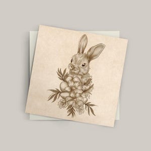 Whimsical Easter Bunny Art Print - B&W | Spring Illustration with Flowers | Digital Wall Art for Nursery, Easter Decor or Seasonal Gifts
