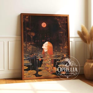 Beneath Crimson Moon – Pre-Raphaelite Wall Art, Romantic Water Lily Poster, Vintage Print, Woman Floral Poster, Aesthetic Nature Fine Art