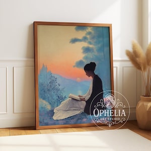 Woman Portrait Fine Art Print - Blue Waterhouse Anime Japan Symbolism Poster, Dark Academia Living Room Deco Gift  – "Lady of Twilight"