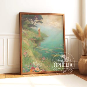 Stampa artistica "Serene Waterside Reverie" - Poster del giardino botanico, arte del paesaggio floreale femminile, decorazione da parete con ninfee color pastello, regalo Cottagecore