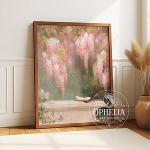 Wall Art Print Garden Floral Flower Cottagecore Poster Vintage Coquette Pink Nature Reading Decor Book Living Room Gift - "Pages in Bloom"