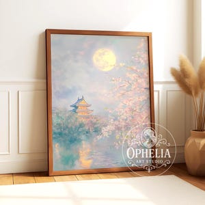 Pastel Wall Art Print Japan Nature Landscape Zen Blue Botanical Garden Wabi-Sabi Ukiyo-e Spring Decor, Anime Lovers – "Moonlit Kanazawa"