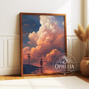 The Boy and the Cloud - Ghibli Inspired, Dreamy Sky Wall Art, Landscape Nature Fine Print, Unique Gift, Anime Lovers, Poetic Cloud Poster