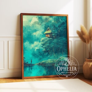 Lantern in the Leaves – Gift for her, Unframed Forest Nature Poster, Anime Wall Art Poster, Ghibli Inspired Poster, Poetic Landscape Print