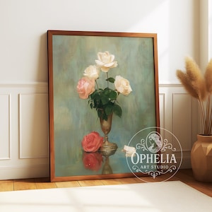 Rose Vase - Coquette Floral Print, Cottagecore Aesthetic, Botanical Vintage Flower Poster, Romantic Still Life Art, Light Academia, Gift