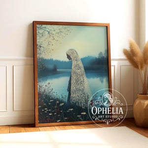 Arte murale raffigurante una donna, poster vintage romantico e nebbioso, arredamento cottagecore, opera d'arte eterea, stampa con atmosfera naturalistica vittoriana, dipinto cinematografico e pieno di sentimento